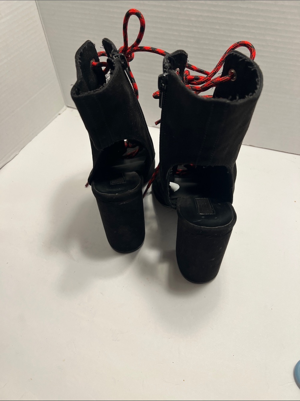 Forever 21 Black Peep Toe Lace-Up Ankle Boots with Red Laces - Picture 2 of 7